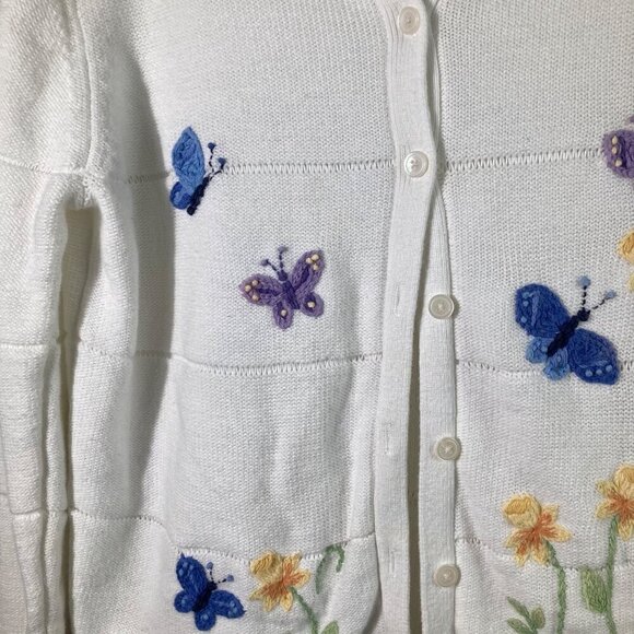 Womens Vintage Sears Classic Elements White Cardigan Embroidered Butterflies L - Picture 3 of 9